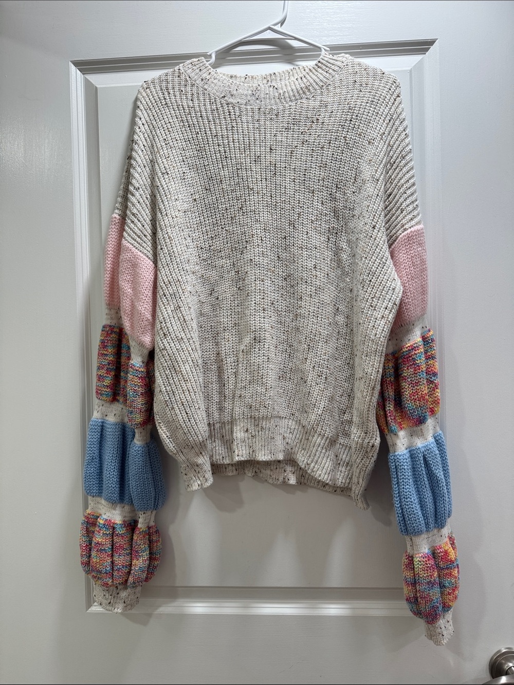 SHEIN Cream Speckled Crewneck Sweater with Pink and Blue Accent Sleeves